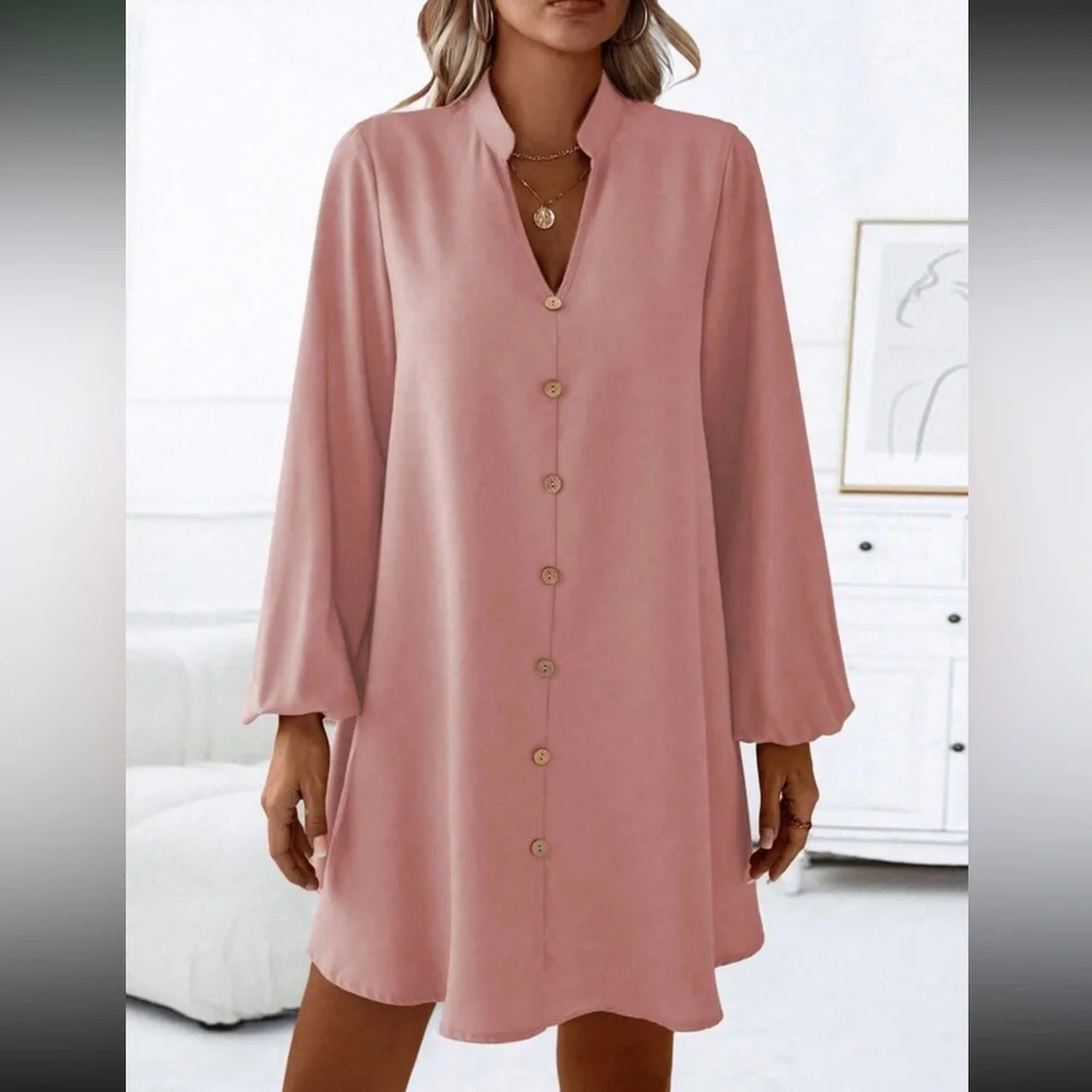 Elegant pink long sleeve shirt dress